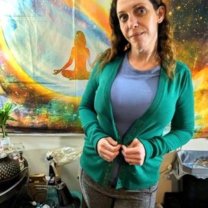 Green button snap cardigan sweater